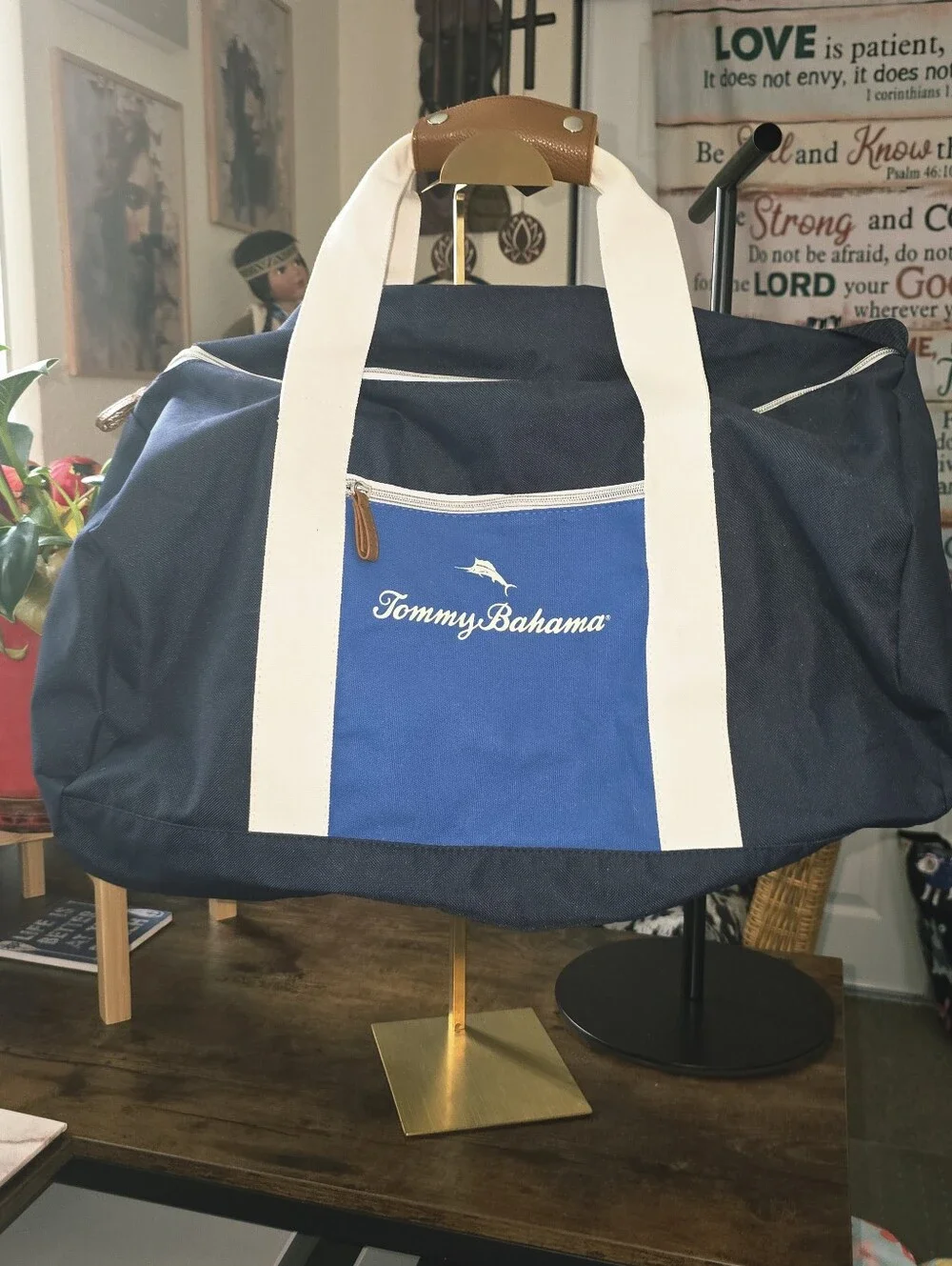 Tommy Bahama Navy and Blue Duffel Bag with White Straps